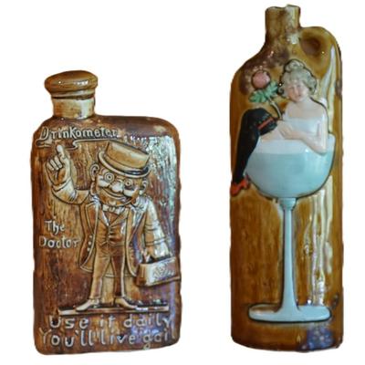 ANTIQUE GERMAN PORCELAIN CHARACTER LIQUOR FLASKS /THE DOCTOR/ LADY IN GLASS.