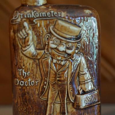 ANTIQUE GERMAN PORCELAIN CHARACTER LIQUOR FLASKS /THE DOCTOR/ LADY IN GLASS.