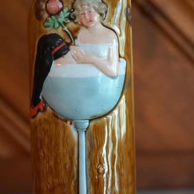 ANTIQUE GERMAN PORCELAIN CHARACTER LIQUOR FLASKS /THE DOCTOR/ LADY IN GLASS.