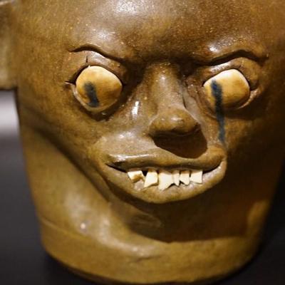 ARTIST SIGNED CHESTER HEWELL GROTESQUE FACE JUG 10 1/2"