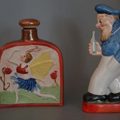 ANTIQUE PORCELAIN CHARACTER LIQUOR FLASKS SAILOR AND FLAPPER -JAPAN MANUFACTURER