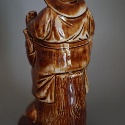 ANTIQUE GERMAN PORCELAIN BROWN GLAZED CHARACTER LIQUOR FLASK OF 6 1/2"