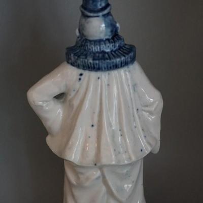 ANTIQUE GERMAN BLUE & WHITE PORCELAIN CHARACTER LIQUOR FLASK /CLOWN CHARACTER 12 1/2"