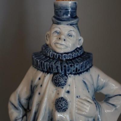 ANTIQUE GERMAN BLUE & WHITE PORCELAIN CHARACTER LIQUOR FLASK /CLOWN CHARACTER 12 1/2"
