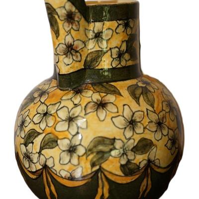 RARE PAULINE POTTERY 5" PITCHER W/ DOGWOOD FLOWERS ON YELLOW BACKGROUND /OLIVE GREEN TRIM