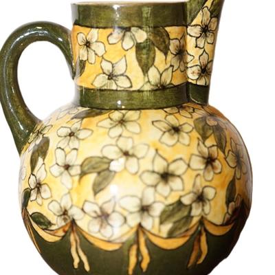 RARE PAULINE POTTERY 5" PITCHER W/ DOGWOOD FLOWERS ON YELLOW BACKGROUND /OLIVE GREEN TRIM