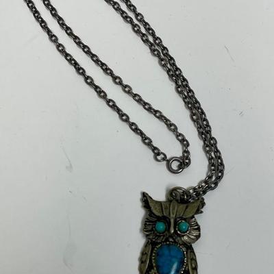 Owl pendant necklace turquoise Mid-century Modern