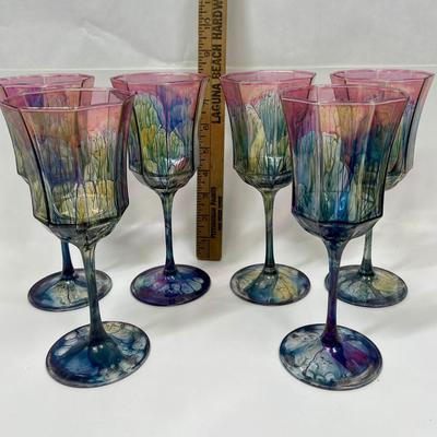 Set of 6 Rueven, Nouveau Art Glass Vaporwave Luminarc Octagonal Wine Glasses