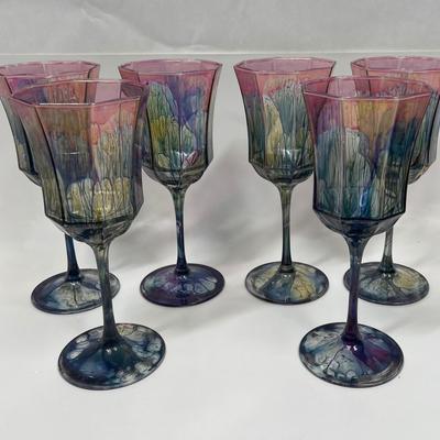 Set of 6 Rueven, Nouveau Art Glass Vaporwave Luminarc Octagonal Wine Glasses