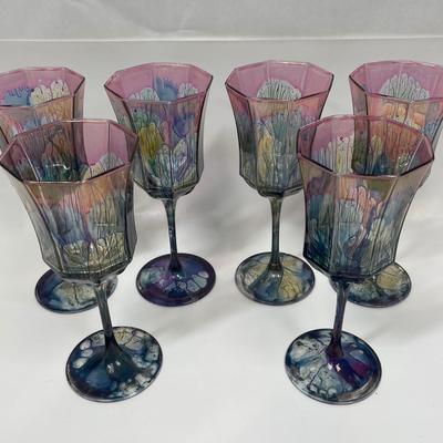 Set of 6 Rueven, Nouveau Art Glass Vaporwave Luminarc Octagonal Wine Glasses