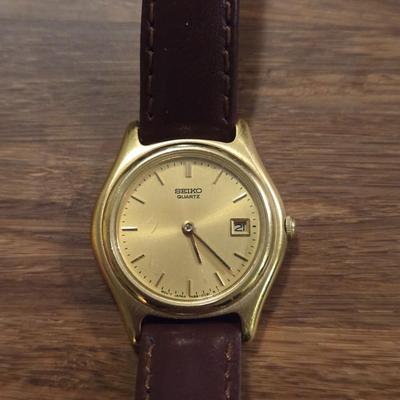 SEIKO Gold Tone Date Watch with Brown Leather Band