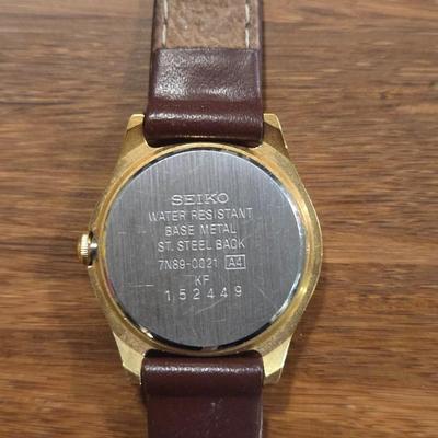 SEIKO Gold Tone Date Watch with Brown Leather Band