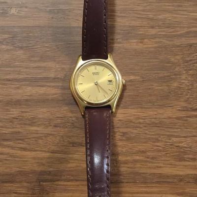 SEIKO Gold Tone Date Watch with Brown Leather Band