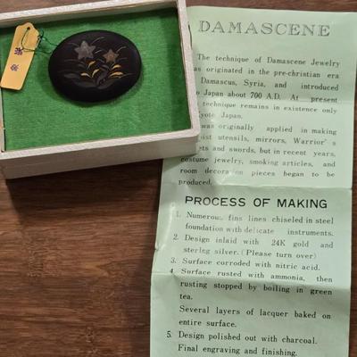 Antique Damascene Brooch with Original Box & Paperwork