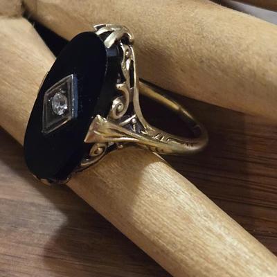 Antique 14k Gold, Black Onyx, & Diamond Ring
