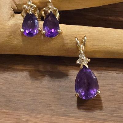 14k Gold Amethyst & Diamond Pendant and Earrings
