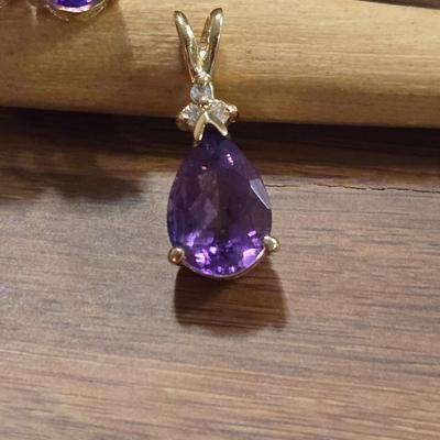 14k Gold Amethyst & Diamond Pendant and Earrings