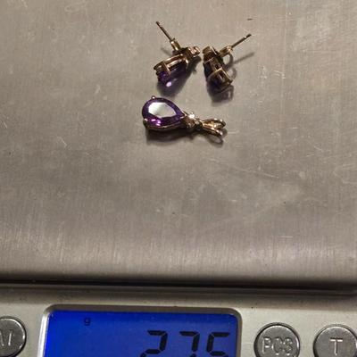 14k Gold Amethyst & Diamond Pendant and Earrings