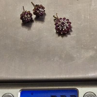10k Gold Ruby & Diamond Pendant and Earrings