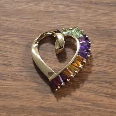 10k Gold and Multicolored Gemstones Heart Pendant