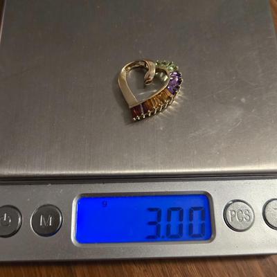 10k Gold and Multicolored Gemstones Heart Pendant