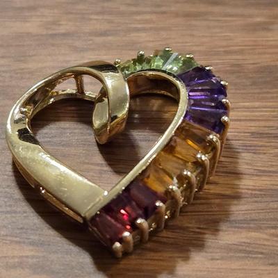 10k Gold and Multicolored Gemstones Heart Pendant
