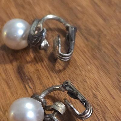 Antique Sterling Silver & Pearl Clip On Earrings