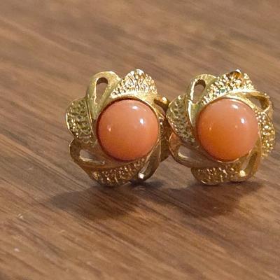 Gold Plated Ring and Earrings with Salmon Colored Corral Stones