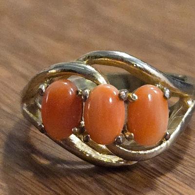 Gold Plated Ring and Earrings with Salmon Colored Corral Stones