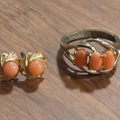 Gold Plated Ring and Earrings with Salmon Colored Corral Stones