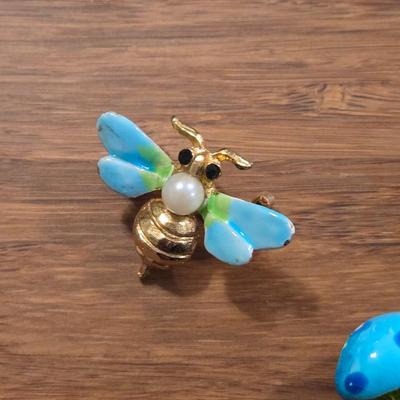 Vintage Enamel & Gold Tone Dragonfly, Butterfly, & Mushroom Brooches