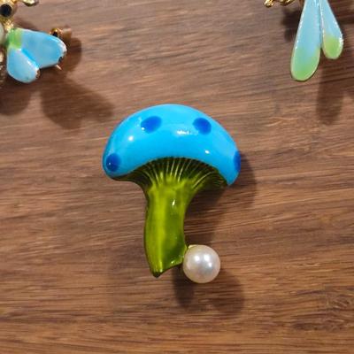 Vintage Enamel & Gold Tone Dragonfly, Butterfly, & Mushroom Brooches