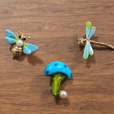 Vintage Enamel & Gold Tone Dragonfly, Butterfly, & Mushroom Brooches