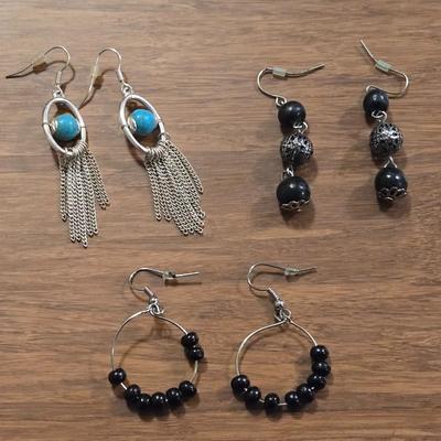 (3) Silver Tone Earrings with Black & Turquoise Beads