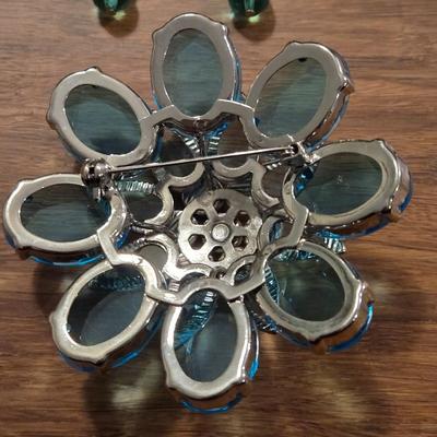 Blue Flower Brooch and Beaded Earrings