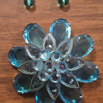 Blue Flower Brooch and Beaded Earrings
