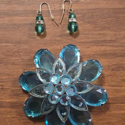 Blue Flower Brooch and Beaded Earrings