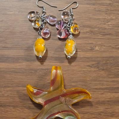 Glass Star Pendant Necklace and Earrings