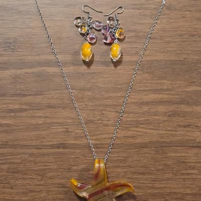 Glass Star Pendant Necklace and Earrings