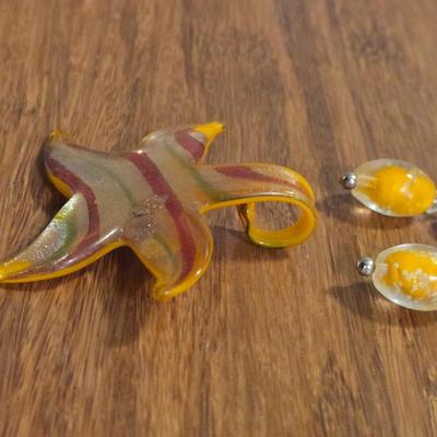 Glass Star Pendant Necklace and Earrings