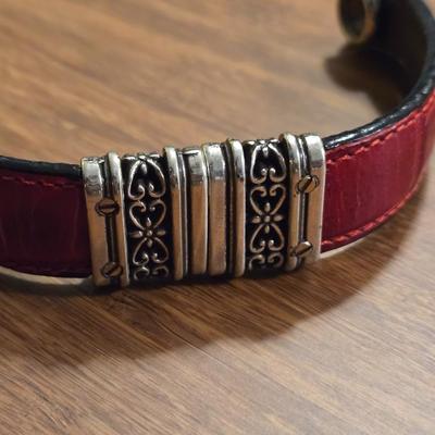 Gold Tone Wrap Bracelet and Read Leather & Silver Adornment Bracelet