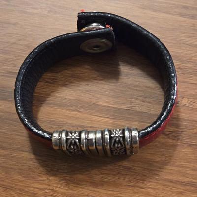 Gold Tone Wrap Bracelet and Read Leather & Silver Adornment Bracelet