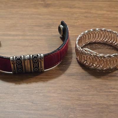 Gold Tone Wrap Bracelet and Read Leather & Silver Adornment Bracelet
