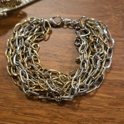 Gold & Silver Tone Chain Bracelet and Rhinestone Alligator Bracelet