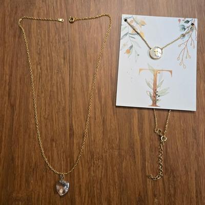 (2) Gold Tone Necklaces- T Pendant and Crystal Heart Pendant