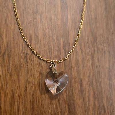 (2) Gold Tone Necklaces- T Pendant and Crystal Heart Pendant