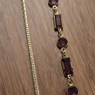(2) Gold Tone Necklaces- B Pendant and Garnet Colored Stones Necklaces