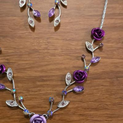 Dark Pink Roses and Silver Tone Necklace & Earrings Set