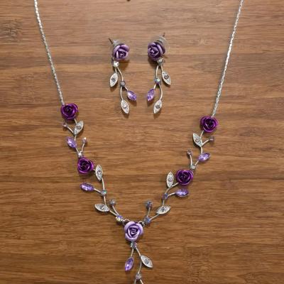Dark Pink Roses and Silver Tone Necklace & Earrings Set