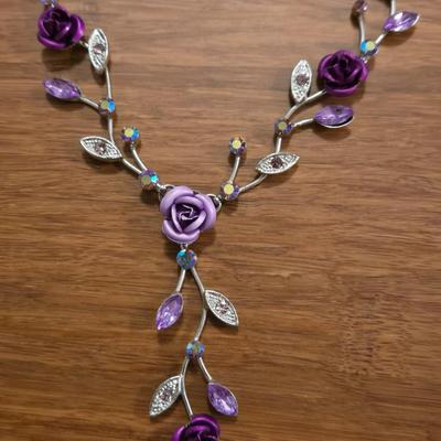 Dark Pink Roses and Silver Tone Necklace & Earrings Set